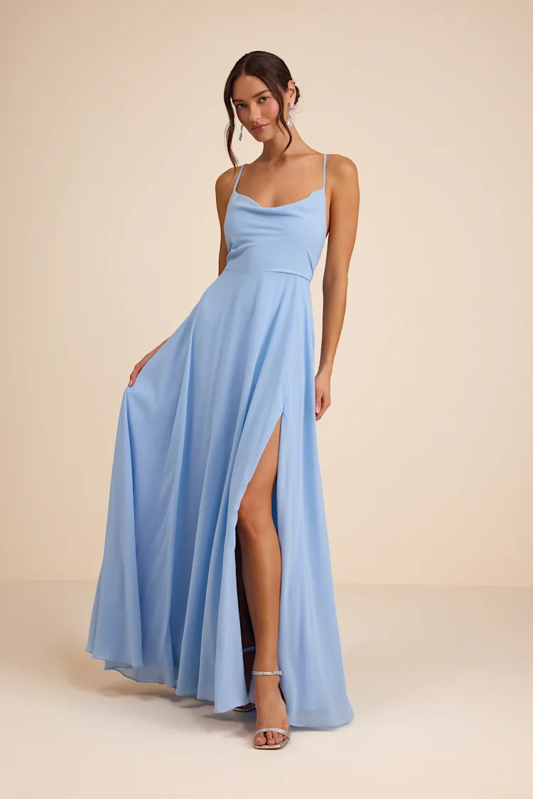 Romantically Speaking Powder Blue Cowl Lace-Up Maxi Dress | Lulus