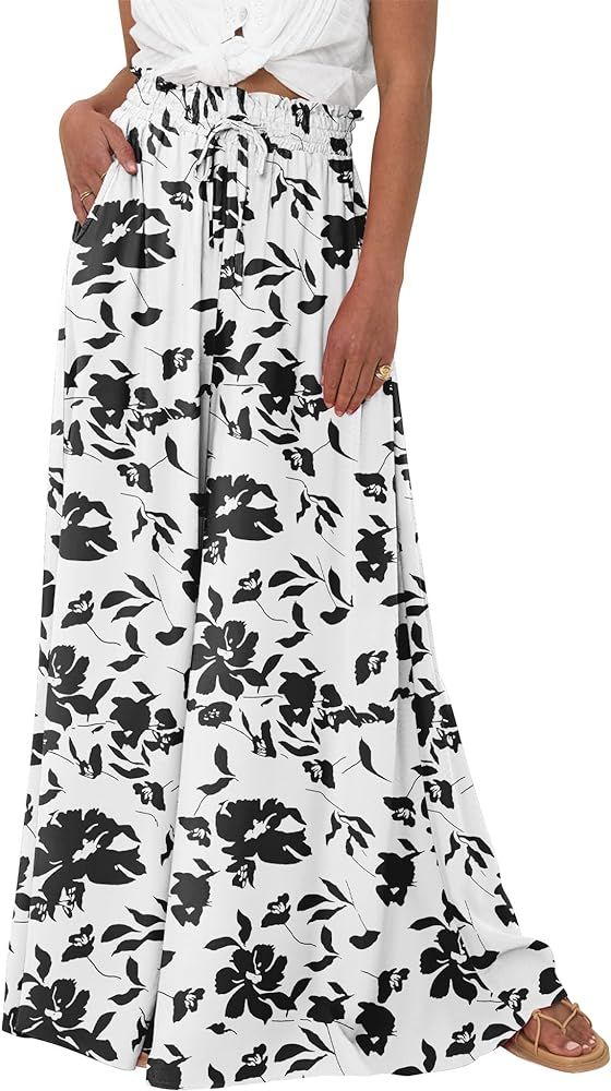BTFBM Women Casual High Waist Wide Leg Pants Summer Floral Solid Long Palazzo Pants Lounge Beach ... | Amazon (US)