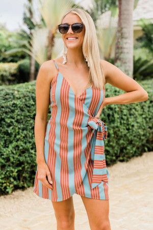 Wrapped Around You Dress Dusty Blue/Rust | The Pink Lily Boutique