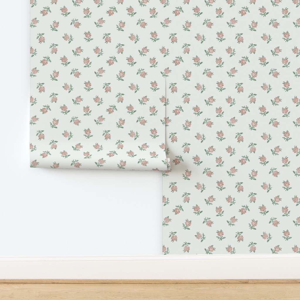 Grandmillennial Small Vintage Roses Tossed in Peach And Green Wallpaper | Spoonflower | Spoonflower