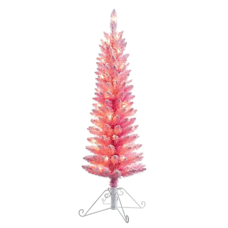 Haute Decor Pink 4 Foot Tall Slim Pre Lit Cotton Candy Flocked Christmas Tree with  50 Clear Ligh... | Walmart (US)