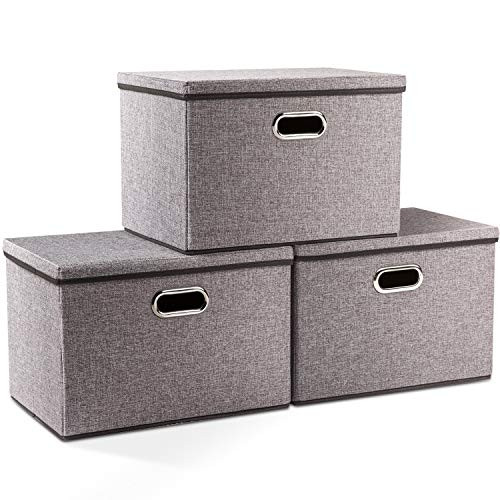 PRANDOM Large Collapsible Storage Bins with Lids [3-Pack] Linen Fabric Foldable Storage Boxes Organi | Amazon (US)