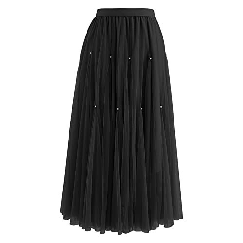 CHICWISH Women's Black Crystal Embellished Solid Color Layered Mesh Tulle Tutu A-Line Maxi Skirt | Amazon (US)