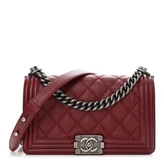Calfskin Double Stitch Medium Boy Flap Burgundy | FASHIONPHILE (US)