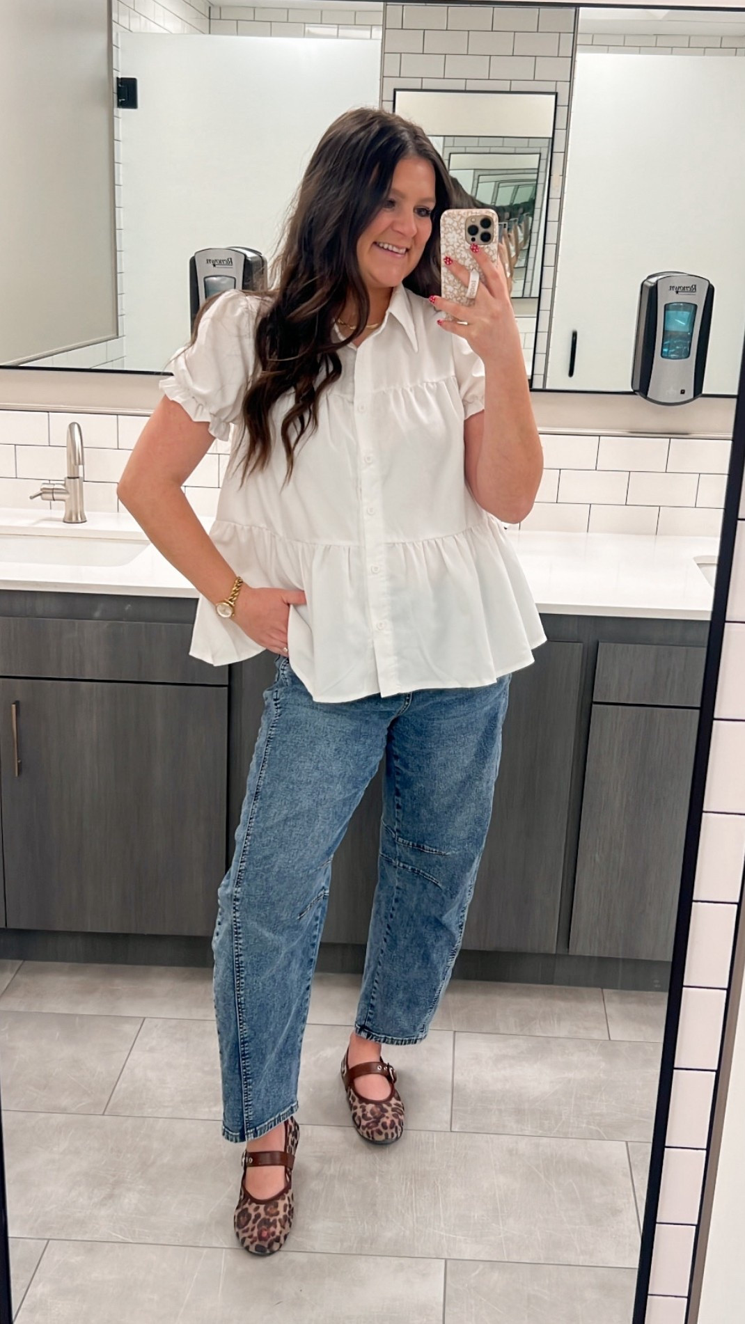 Simple but cute work outfit inspo! Top is old from shein but linking a cute similar one! Jeans are incredible. So stretchy and comfy. Wearing size M, TTS. Shoes are TTS as well & super comfy, I wear them everyday :) 

Workwear / work outfit / work inspo / mom work / work style / mom outfit / mom workwear / mom work outfit / mom work style / mom fashion / comfy outfit / spring outfit / spring workwear / teacher outfit / puff sleeves / barrel jeans / Amazon style / everday style / comfy jeans / leopard print / leopard flat / leopard shoe / mary Jane / ballet flat / leopard ballet flat / comfy shoes / work shoes 

#LTKmomlife #LTKWorkwear #LTKootd
