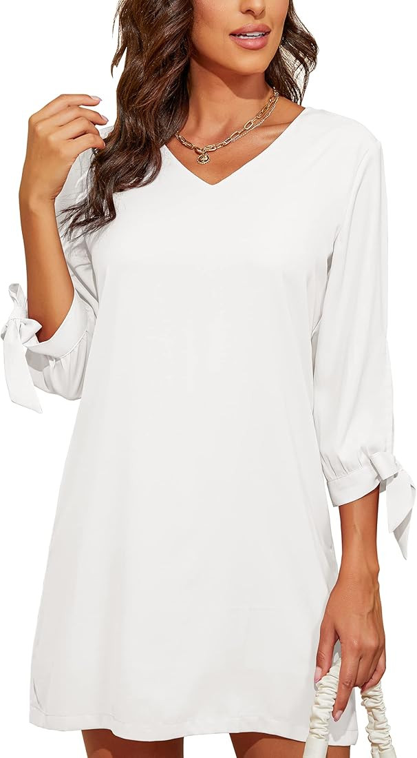 BELONGSCI Women's 2023 Summer Dress Sweet & Cute V-Neck Self Tie 3/4 Sleeve Casual Shift Dress | Amazon (US)