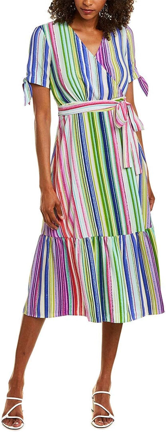 Maggy London Women's Rainbow Stripe Ruffle Hem Faux Wrap Business Casual Dress | Amazon (UK)
