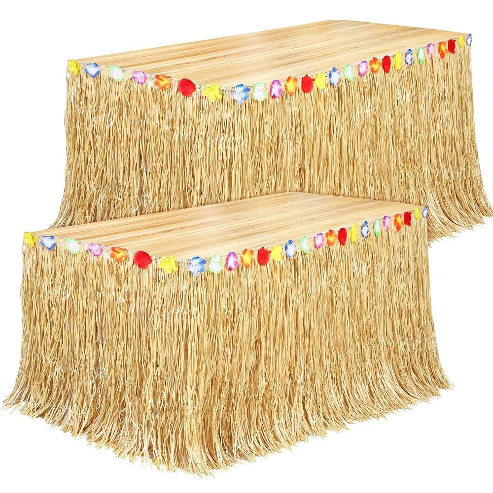 Fovths 2 Pack Luau Grass Table Skirt Natural 9 Feet x 29.5 Inch Hawaiian Table Skirt for Tropical... | Amazon (US)
