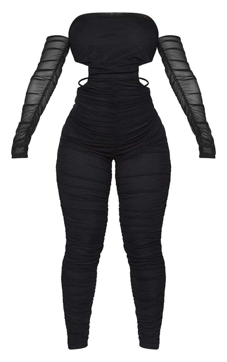 Shape Black Mesh Ruched Bardot Strap Detail Jumpsuit | PrettyLittleThing US