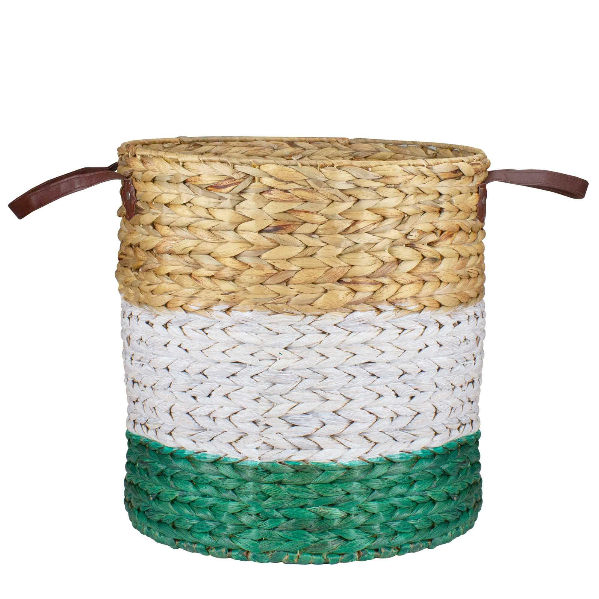Northlight Braided Wicker Basket with Handles - 16 inch - Beige, White and Teal Leather one_size | NORTHLIGHT CD18622 | Lowe's
