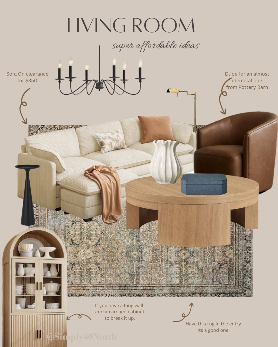 A living room idea lay out with affordable furniture.  The sofa is on sale for $350 and gets 5 stars.  I love using an arched cabinet or two on a long blank wall.

#LTKHome