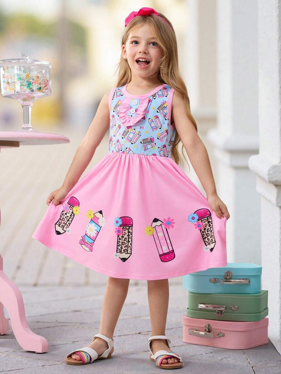 SHEIN Young Girl Cartoon Print Casual Comfortable Round Neck Sleeveless Mini Dress  Suitable For ... | SHEIN