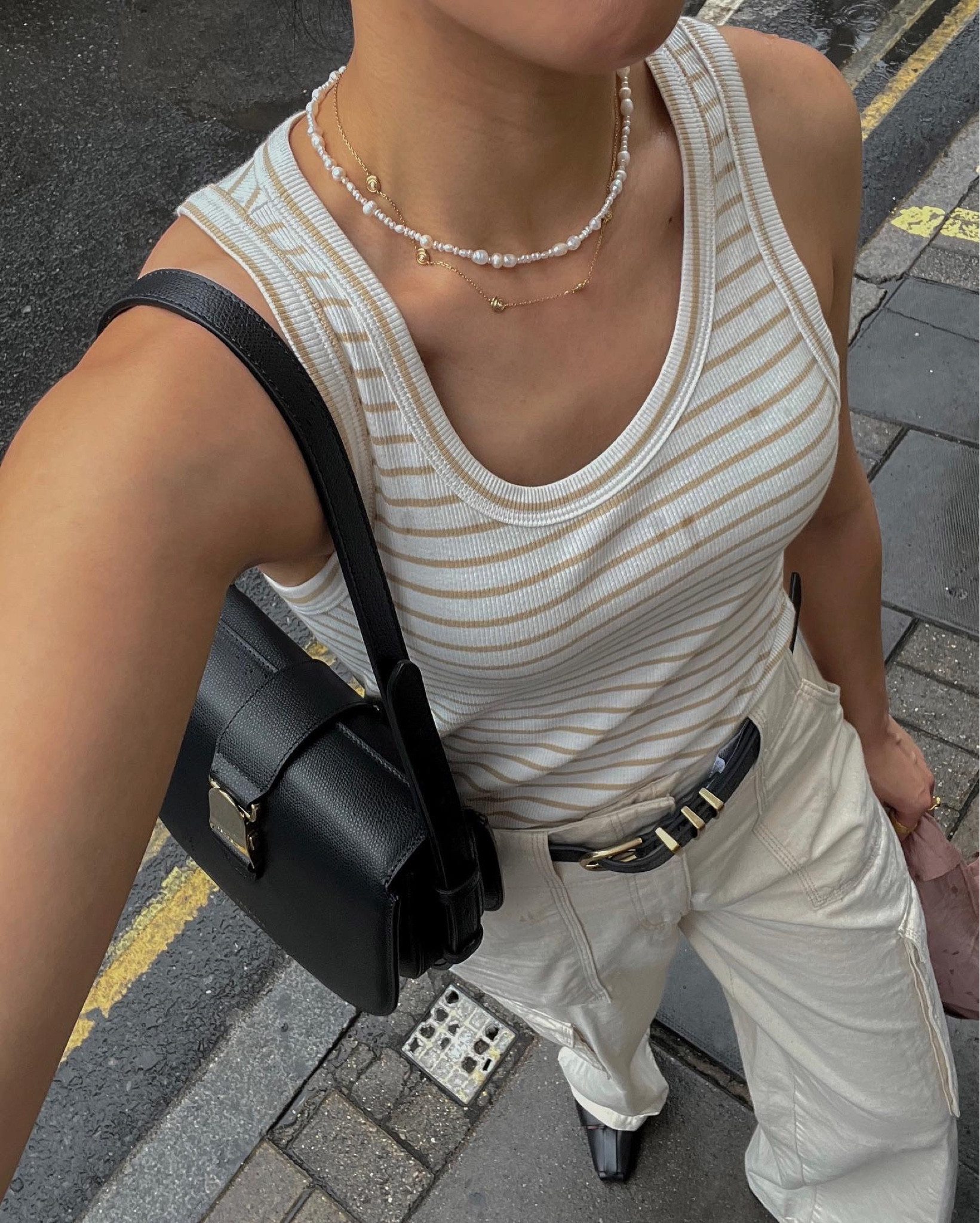 Striped top, accessories, pearl necklace, beaded necklace, senreve, black belt, cargo trousers, sandals, strappy sandals, fishnet sandals, caged sandals, stripes, style tips, ootd, what I wore, details, minimal aesthetic, scandi style, parisien style 

#LTKstyletip #LTKbeauty #LTKunder50