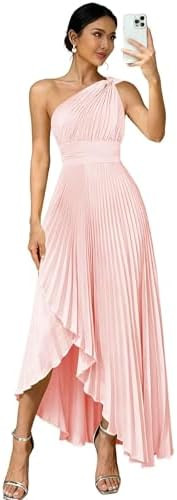 Women's One Shoulder Bridesmaid Dresses with Slit for Wedding Guest A-Line Long Pleated Satin Bri... | Amazon (US)