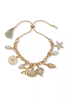 Gold Tone White Sealife Charm Slider Bracelet | Belk