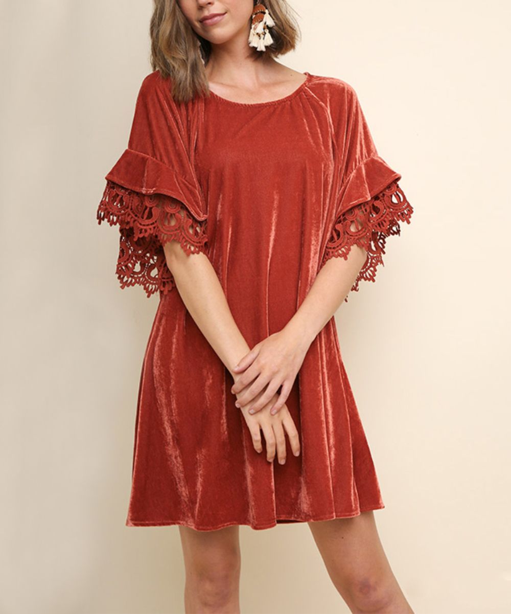 Burnt Orange Velvet Lace-Accent Dress - Women | Zulily