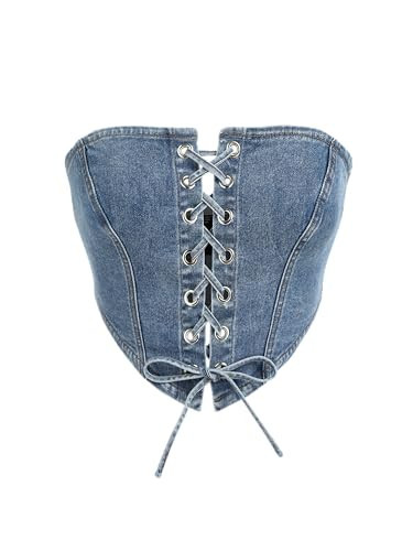 CIDER Women's Denim Lace Up Corset Crop Tube Top: Denim, S | Amazon (US)