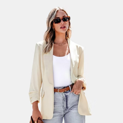 Women's Beige/Sage Green Collared Long Sleeve Blazer - Cupshe-L-Beige | Target