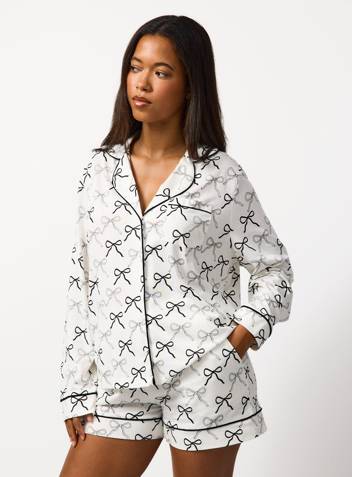 White Bow Print Modal Traditional Shortie Pyjamas L | argos.co.uk