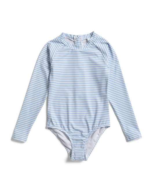 Big Girl's Cornflower Stripe Long Sleeve Surf One-piece Suit | TJ Maxx