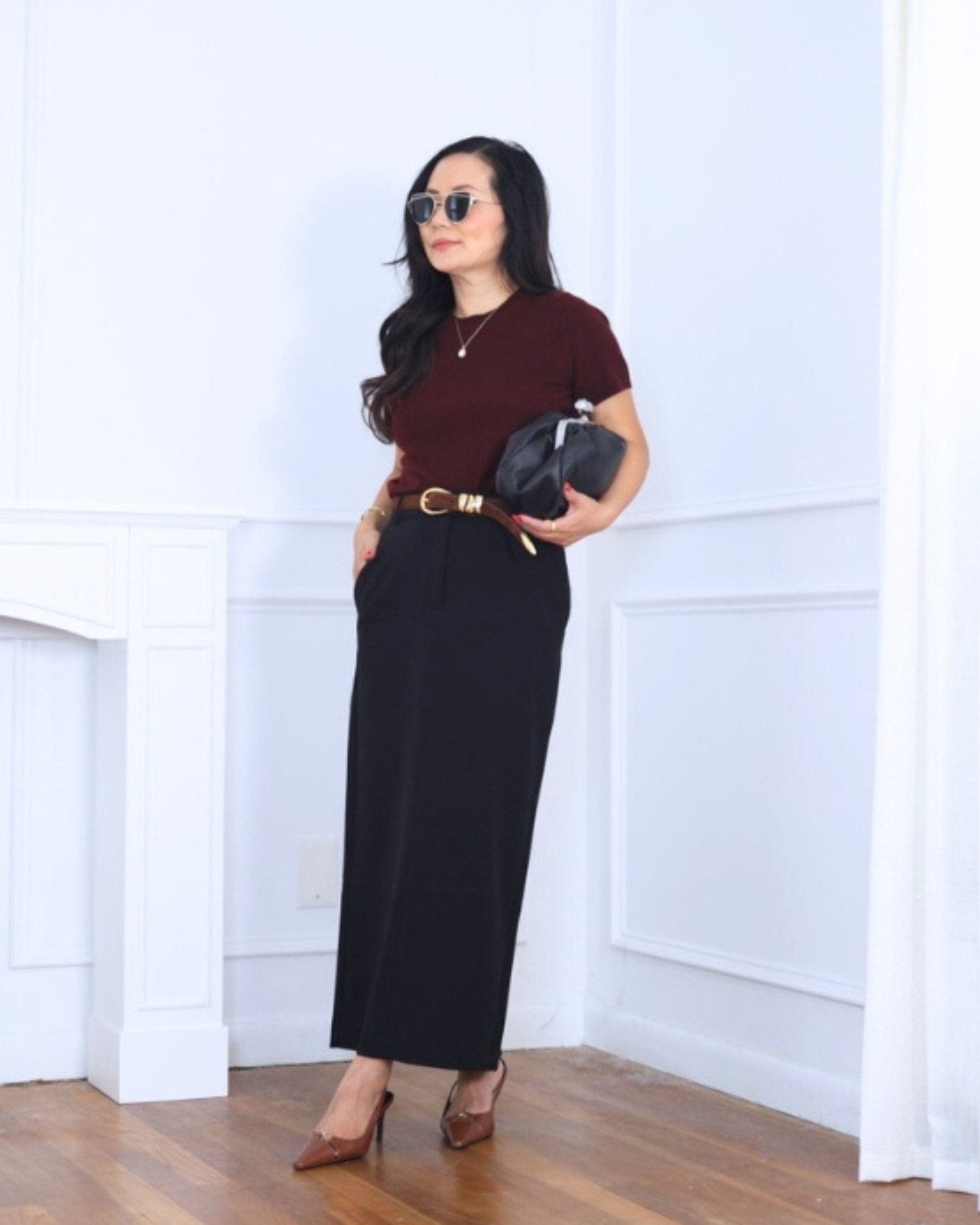 Chic and timeless — wearing a cashmere tee from Quince, a flowy maxi skirt from Express, and heels from Mango. It’s an easy mix of comfort and elegance for a polished everyday look. I’m 5’2, wearing size S.

#LTKStyleTip #LTKPetite #LTKOver40