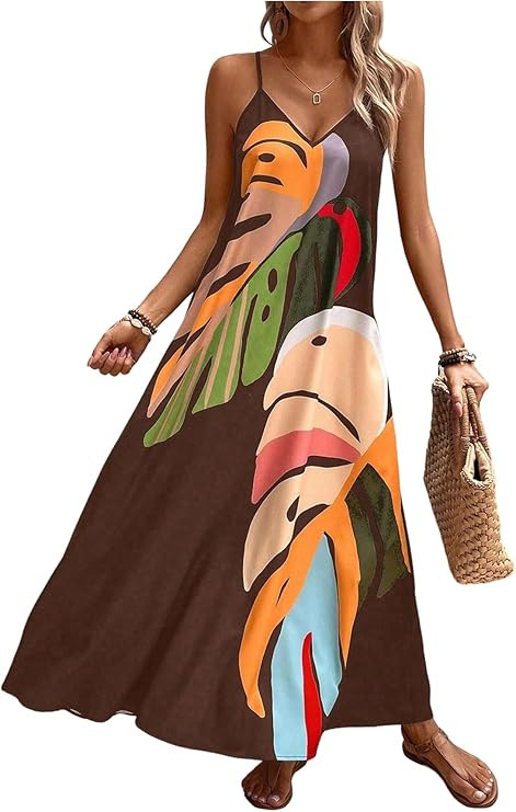 GORGLITTER Women's Sleeveless V Neck Oversized Maxi Long Dress Boho Bump Friendly Graphic Casual ... | Amazon (US)