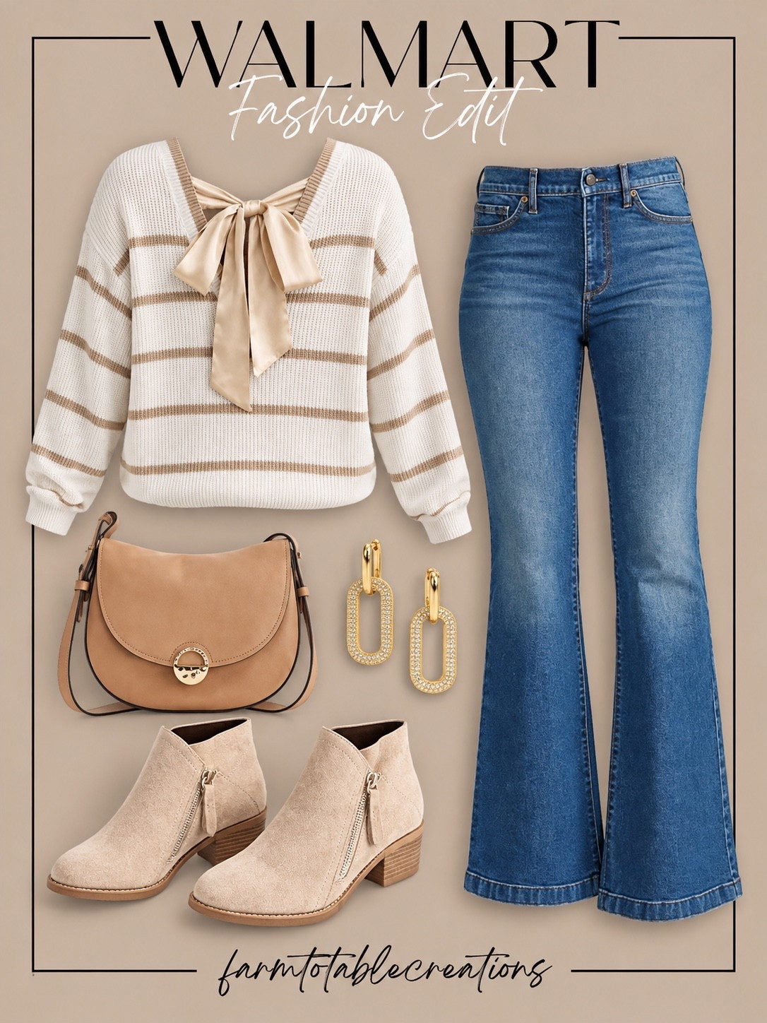 Walmart Fall Fashion Edit 🤎

This Walmart outfit is such an easy way to transition into fall! The striped bow-detail sweater paired with classic flare jeans feels feminine and polished, while the neutral ankle boots and camel crossbody keep the whole look effortlessly wearable.

Add the statement gold earrings and you have the perfect outfit for brunch, shopping, casual date night, or an everyday fall look. These pieces look so much more expensive than their Walmart price tags!

Follow @farmtotablecreations on Instagram for more cozy home finds and trending decor.

#LTKStyle #WalmartFashion #WalmartFinds #WalmartStyle #FallFashion #FallOutfit #AffordableFashion #CasualStyle #EverydayStyle #FlareJeans #SweaterWeather #FallStyle #NeutralStyle #LTKFinds

#LTKSaleAlert #LTKOver40 #LTKmomlife