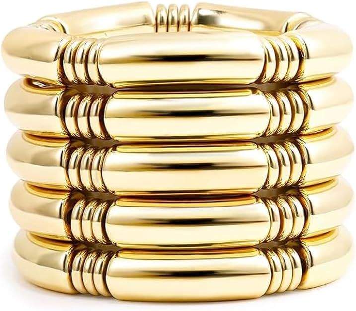 Qitian 14k Gold Plated Stack Layered Curved Bamboo Tube Stretch Bracelets Gold Chunky Bangles Bra... | Amazon (US)