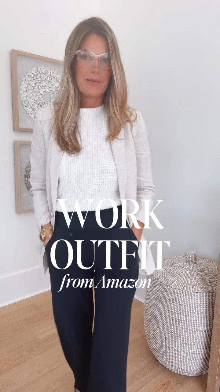 Work outfit from Amazon.  I am 5’11” wearing small 35” inseam in these pants with a heel. Small top and blazer. The blazer is half off today.  

#LTKWorkwear #LTKSaleAlert #LTKOver40