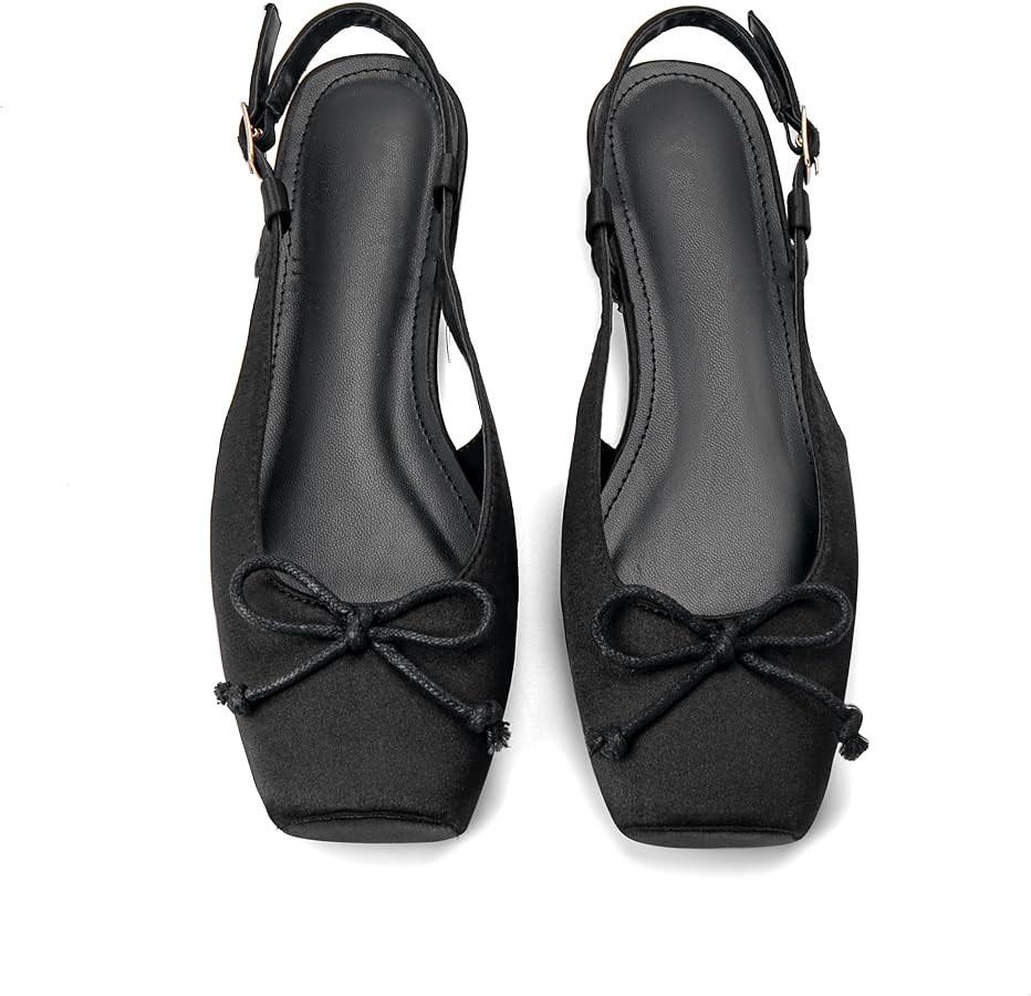 Women's Ballet Flats Slingbacks Square Toe Bow Knit Dressy Flat Shoes with Ankle Buckles Satin | Amazon (US)