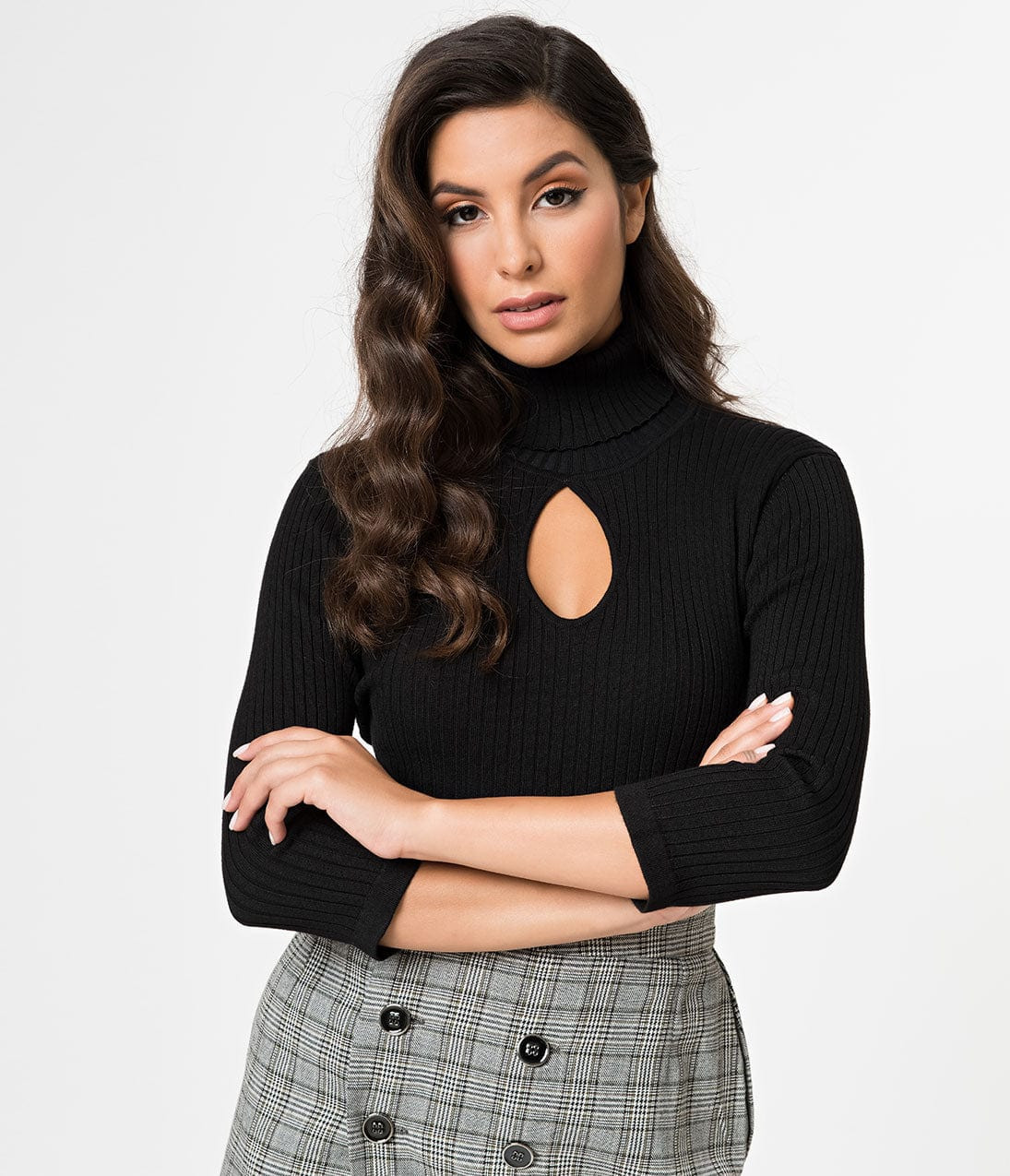 Black Ribbed Knit Long Sleeve Keyhole Turtleneck Sweater | UniqueVintage