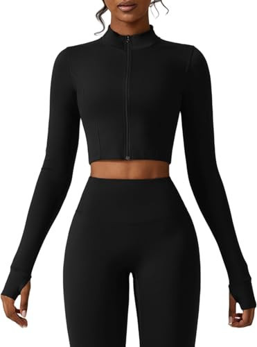 Womens Full Zip Athletic Jacket with Thumbhole Long Sleeve Crop Top Running Workout Yoga Sportswear Shirt L Black | Amazon (US)