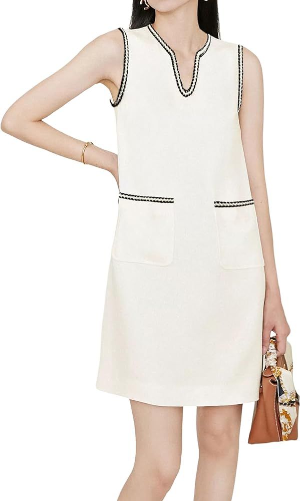 Qiaomai Womens Tweed Dress V Neck Sleeveless A-Line Skirt Vintage Business Party Mini Jackie Dres... | Amazon (US)