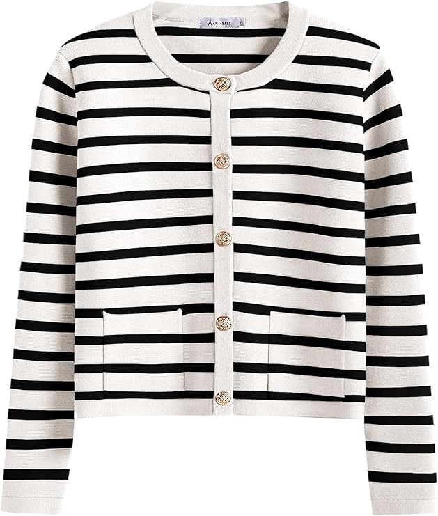 ANRABESS Women Striped Cardigan Sweaters Button Down Cropped Knit Lady Jackets Coat 2025 Fall Out... | Amazon (US)