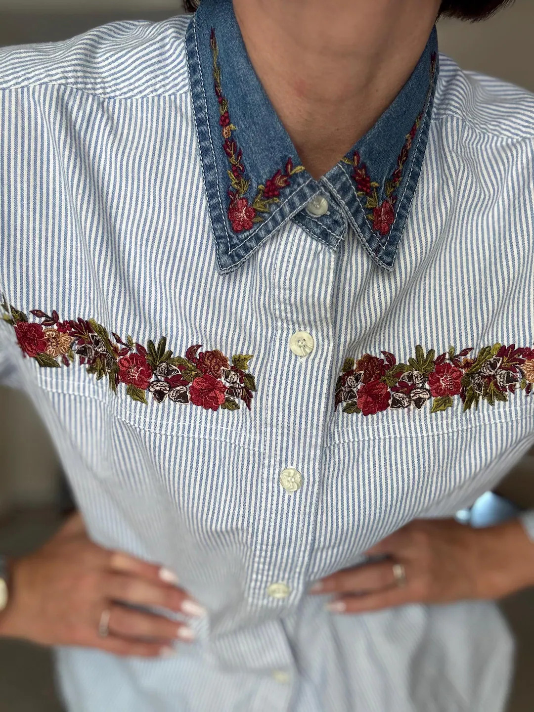 Vintage 90s Striped Denim Collar Shirt With Floral Embroidery - Etsy | Etsy (US)