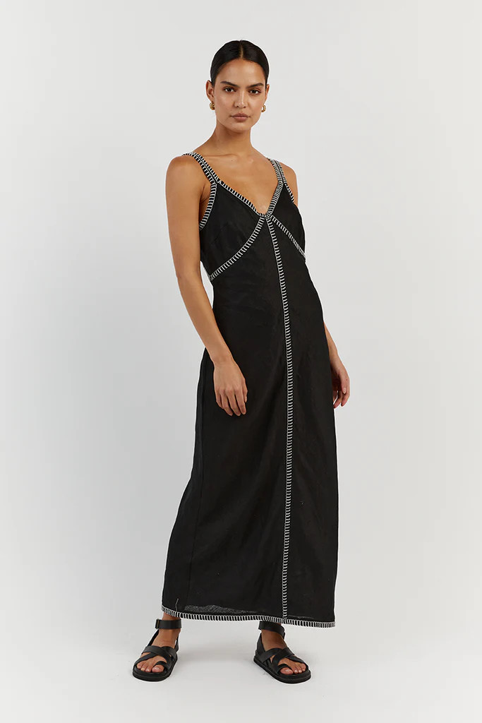 BELLA BLACK LINEN SLIP MIDI DRESS | DISSH
