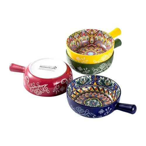 Henten Home 18 oz Soup Bowls with Handle, Porcelain French Onion Soup Bowl Set of 4, Ceramic Colorful Crocks for Pasta, Beef Stews, Cereal, Bohemian, Microwave & Oven Safe | Amazon (US)