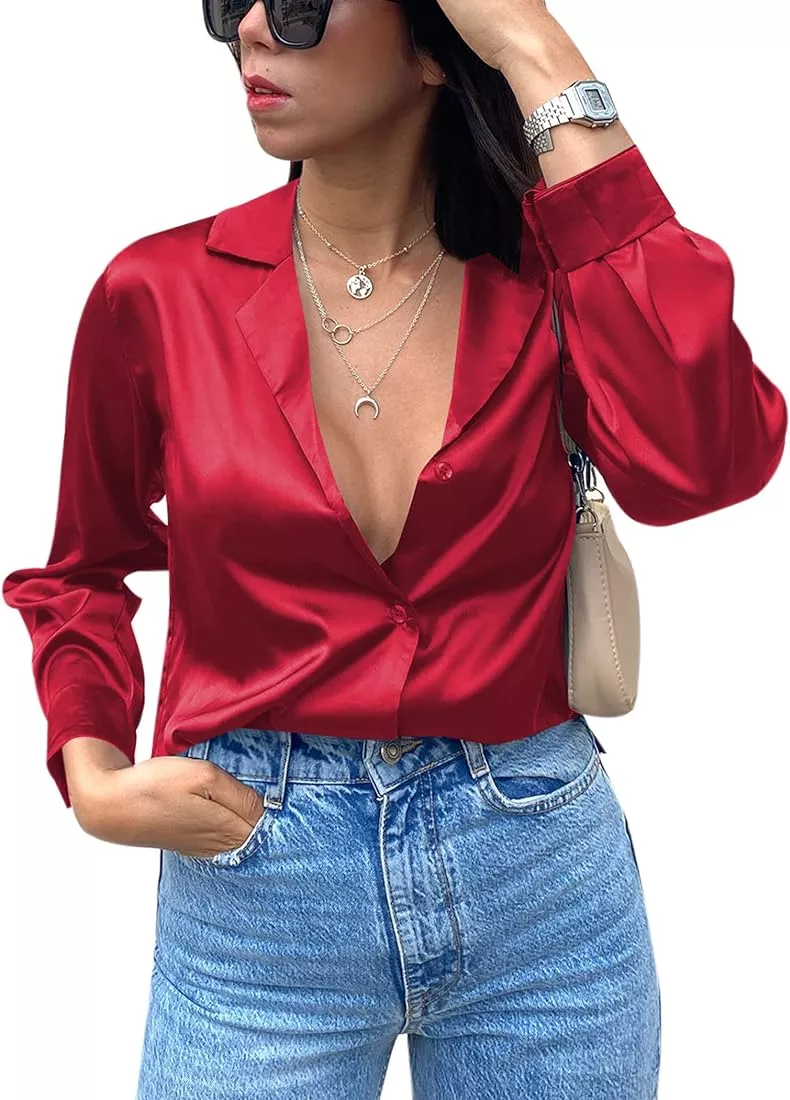 Chigant Satin Tops for Women Elegant Long Sleeve Tie Front Silk Satin Blouse  Casual Crop Tunic Top A-Dark Green at  Women's Clothing store