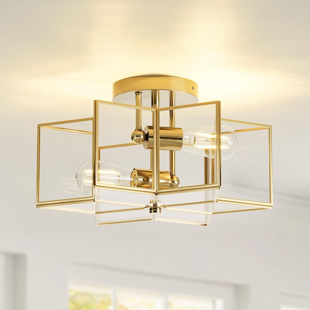 16.3 Inch Modern Star Chandeliers,Semi Flush Mount Ceiling Light Fixture, 2-Lights Brass Trim Cra... | Amazon (US)