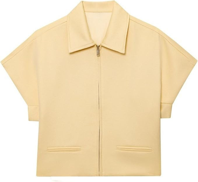 FindThy Women’s Cropped Jacket Trendy Lapel Collar Short Sleeve Solid Color Zip Up Outerwear Co... | Amazon (US)