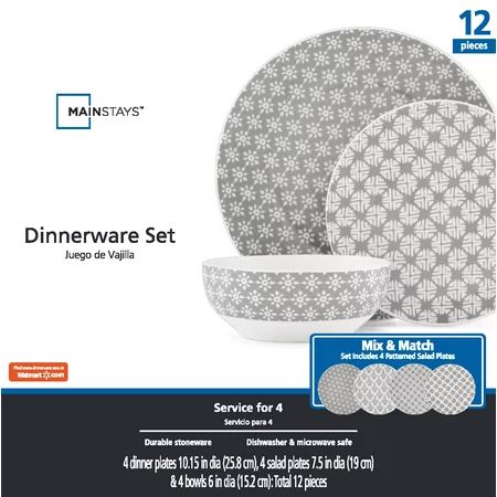 Mainstays Stoneware Gray Flannel Print Dinnerware Set, 12 Piece | Walmart (US)