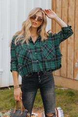 Frayed Hunter Green Plaid Flannel  Top | Magnolia Boutique