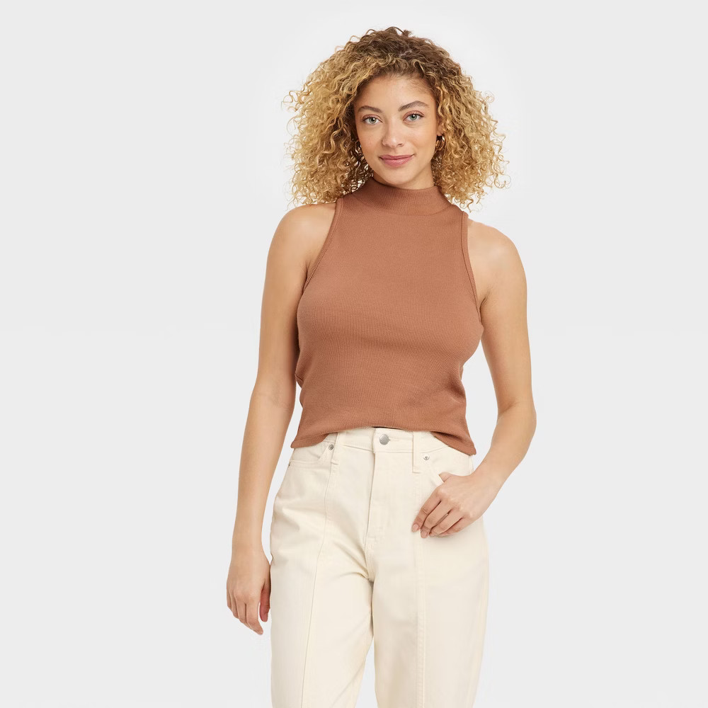 Women's Slim Fit Mock Neck Tank Top - A New Day Rust L | Target
