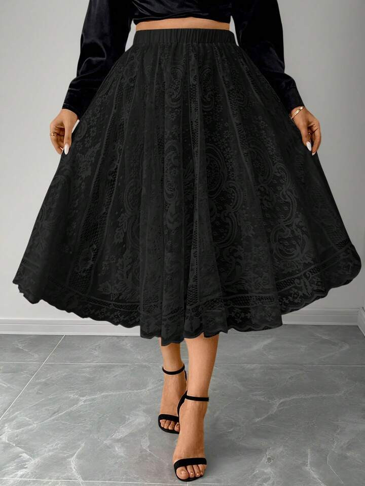 Elenzga Plus Size Elegant Jacquard Lace Skirt For Summer Maxi Women Outfit | SHEIN