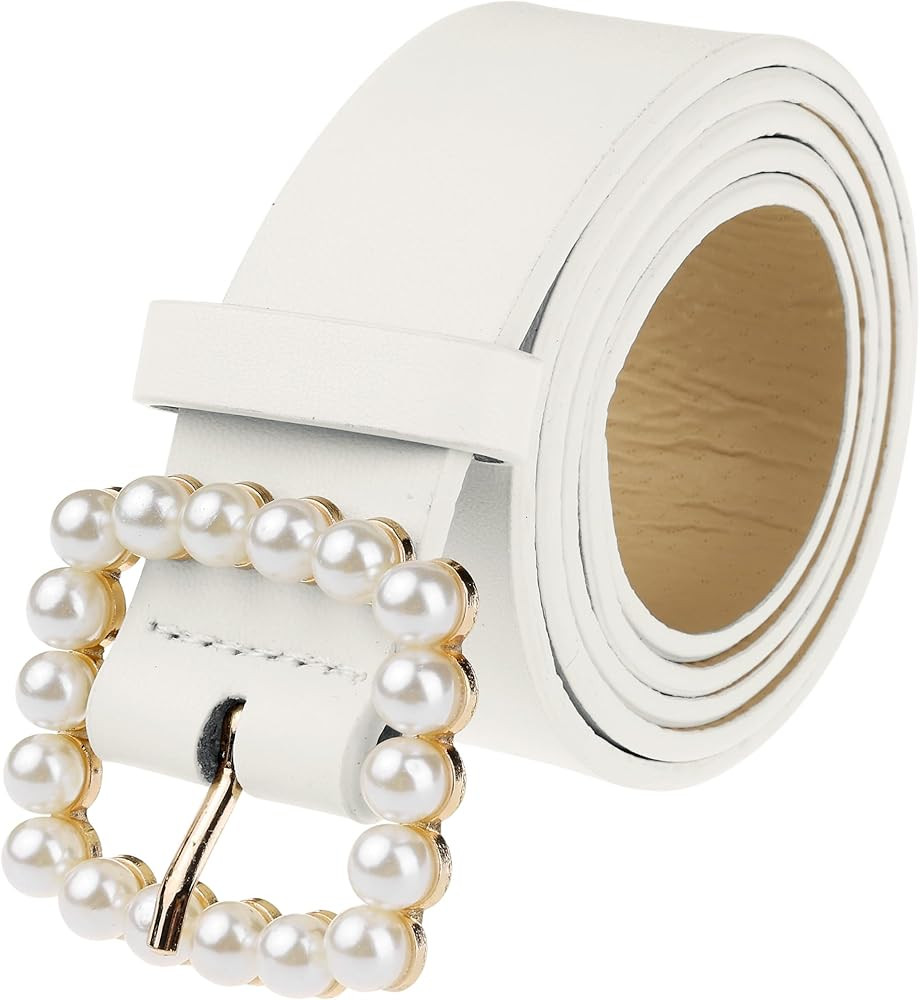 Women Faux Leather Pearl Buckle Belt, 1.2" Wide Waistband Waist Belts for Jeans Pants Dresses | Amazon (US)