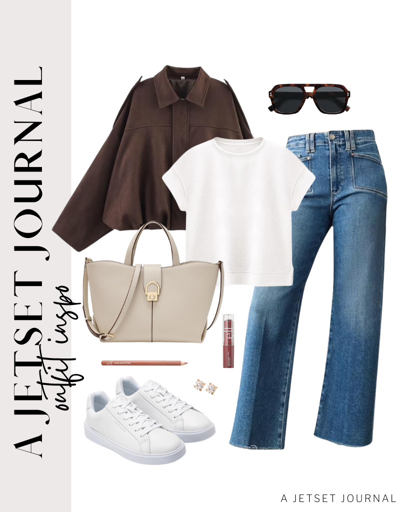 Have you considered wearing a faux suede bomber jacket, a white T-shirt, and jeans for a night out? This combination works really well! For footwear, you can opt for Cole Haan sneakers and accessorize with stud earrings and a top-handle bag. I’ve also found that using e.l.f.’s lip liner and lip shine makes for a great finishing touch to complete this look! 

 #LTKSeasonal #LTKSaleAlert #LTKTravel