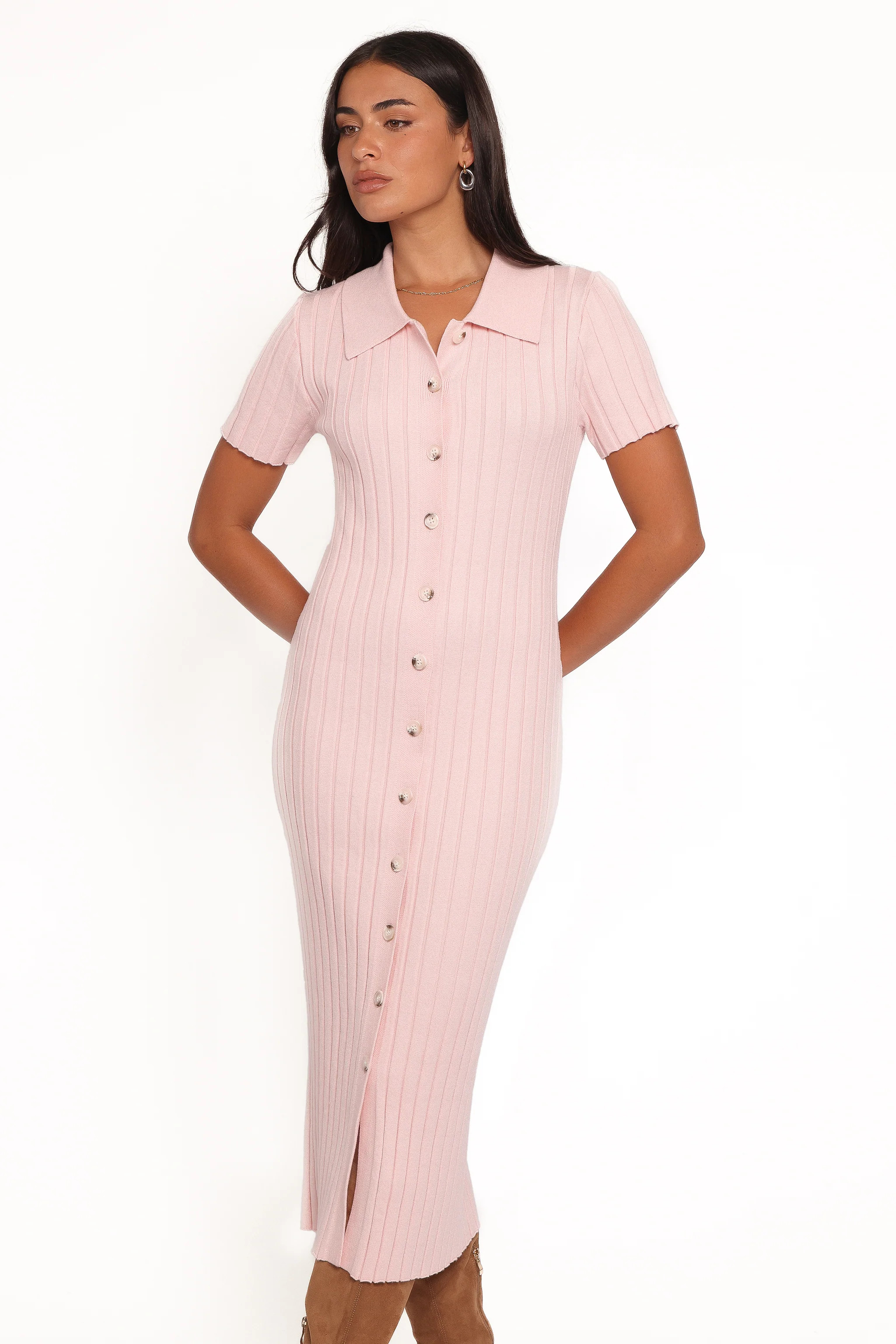 Aisha Short Sleeve Knit Midi Dress - Pink | Petal & Pup (US)