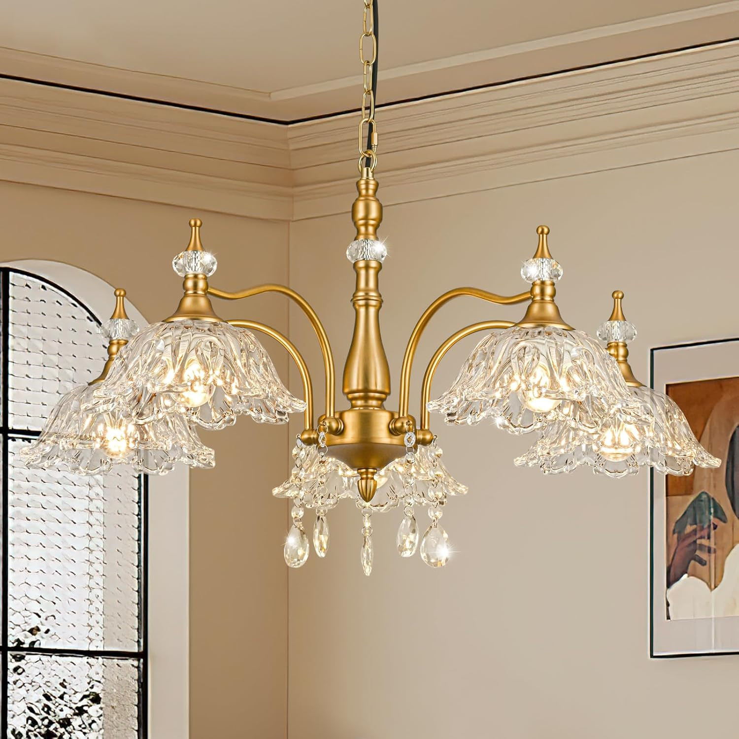 Vintage Chandelier Light,5-Light Chandelier Light in Matte Antique Brass Finish with Crystal Glas... | Amazon (US)