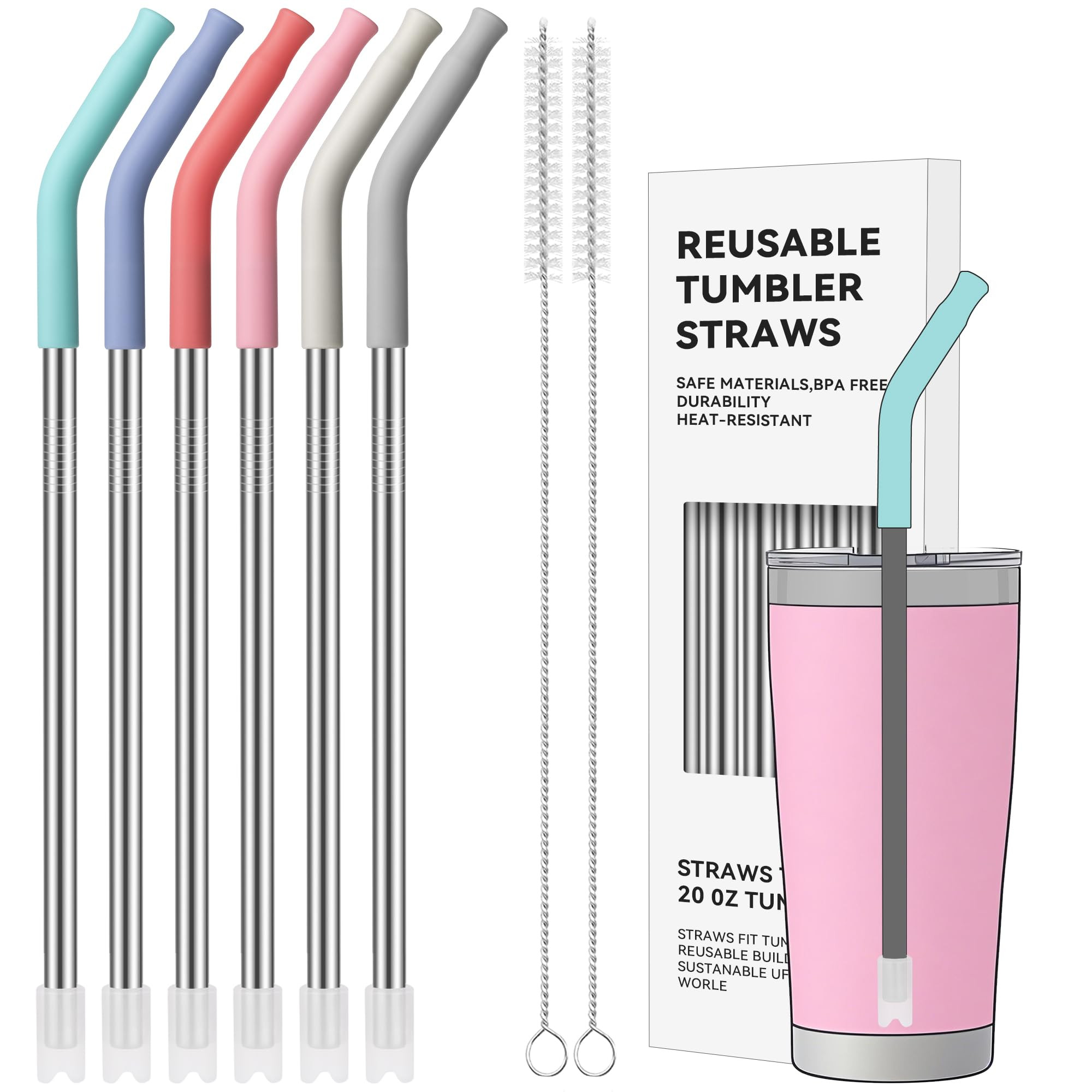 20 oz Straight Metal Straws with Silicone Tip for 20 oz Tumbler, 6 Pcs Stainless Steel Reusable D... | Amazon (US)
