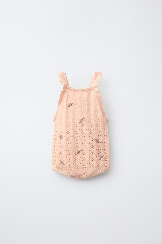 Zara - Embroidered Floral Pointelle Knit Romper - Peach - 6-9 Months (29,1 Inches) - Kids | Zara US